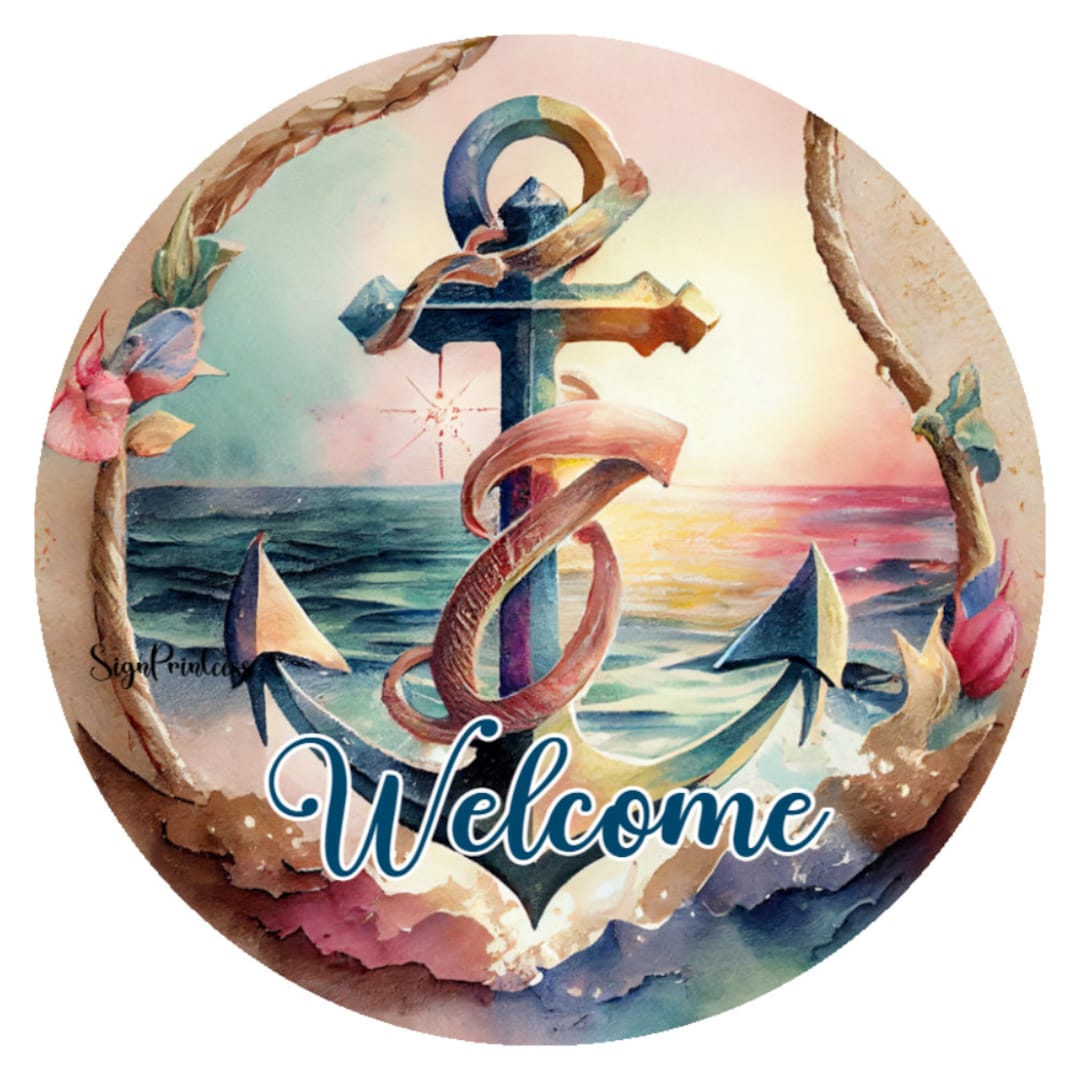 Anchor Welcome Sign, Nautical Sign, Metal Wreath Sign, Beach Welcome ...