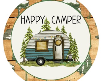Panneau Happy Camper, panneau de campeur, panneau de camping-car, panneau de maison de lac, panneau de couronne en métal, panneau de bienvenue de lac, panneau de bienvenue de camping, accroche-porte de camping-car