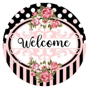 Pink and Black Welcome Sign, Metal Wreath Sign, Pink Roses Welcome Sign, Pink Rose Wreath Sign