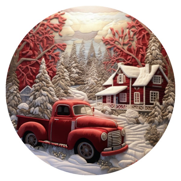 Red Truck Christmas Sign, Metal Wreath Sign, Christmas Sign for Wreaths, Faux 3D Red Truck Sign, Faux embroidered look sign.