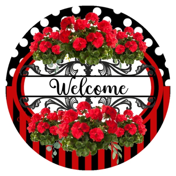 Red and Black Welcome Sign, Metal Wreath Sign, Red Geranium Welcome Sign, Red Geranium Wreath Sign
