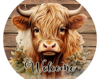 Highland Cow Sign, Highland Cow Door Hanger, Metal Wreath Sign