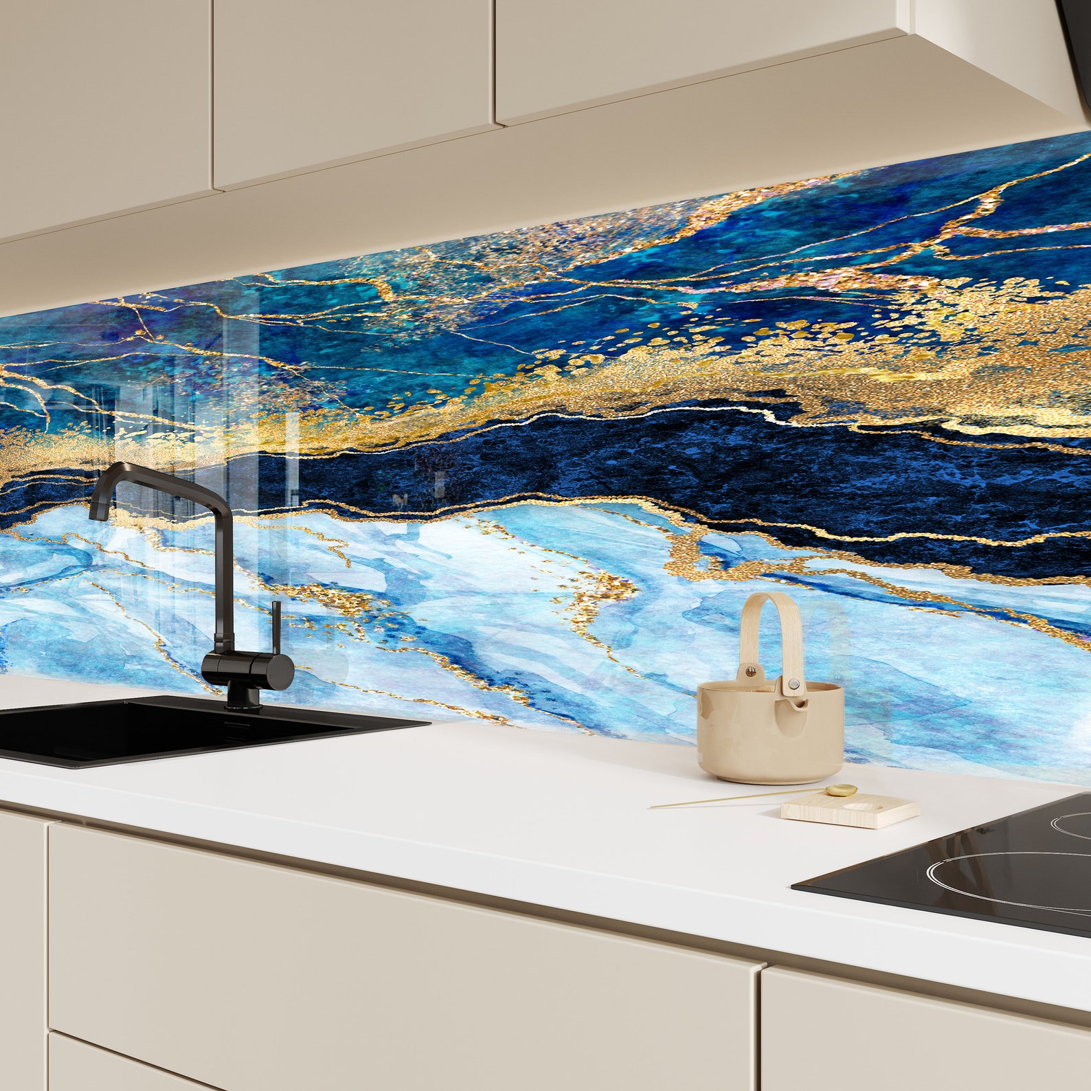 Blue Gold Abstract Backsplash Tilesolid Tempered Glass Wall Etsy