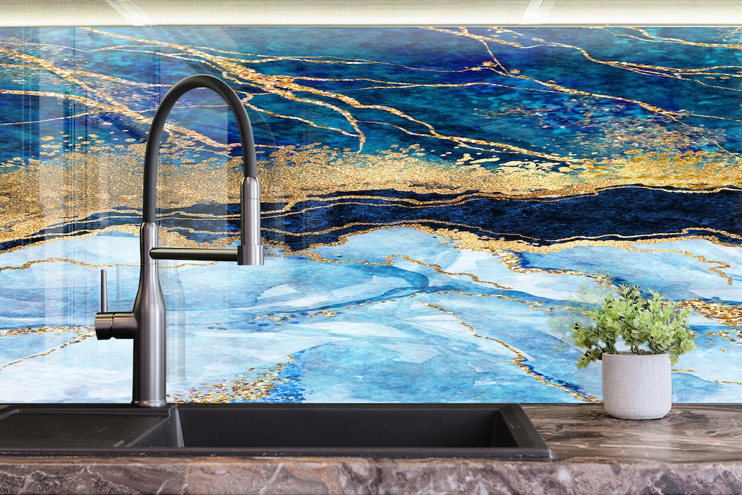 Blue Gold Abstract Backsplash Tilesolid Tempered Glass Wall Etsy