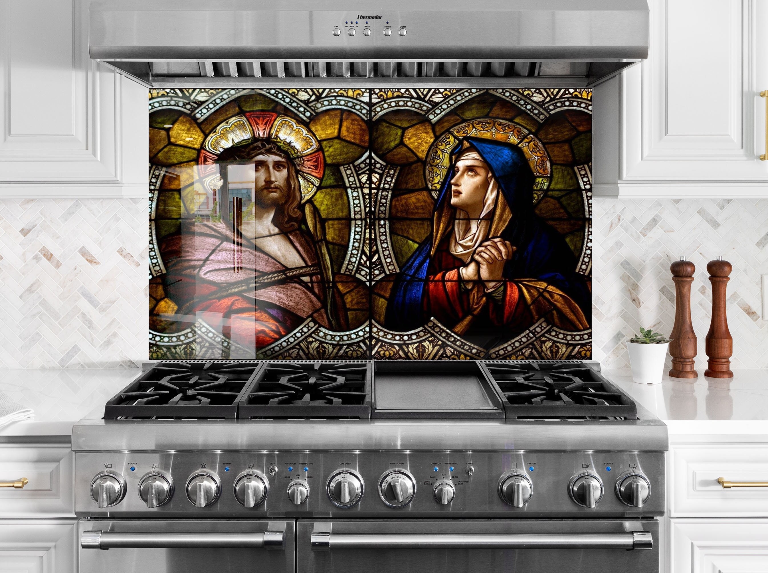 last supper Jesus disciples ceramic tile mural backsplash behind stove  kitchen