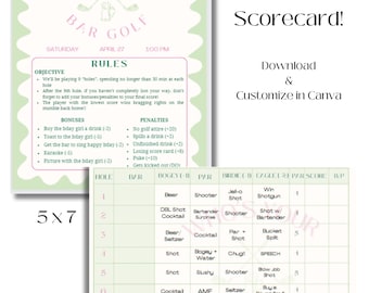 Puede incluir: Una tarjeta de puntuación de golf de bar imprimible de 12,7 x 17,8 cm con un esquema de color verde y rosa. La tarjeta de puntuación es personalizable y se puede descargar y editar en Canva. La tarjeta de puntuación incluye una lista de reglas, bonificaciones y penalizaciones para el juego. La tarjeta de puntuación también incluye una cuadrícula para registrar las puntuaciones de cada hoyo.