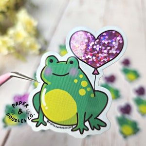 Froggy Valentine - 2&quot; Glitter Vinyl Sticker - Valentine&#39;s Day Sticker, Love Sticker, Valentine Sticker, Valentines Day Heart, Glitter Heart