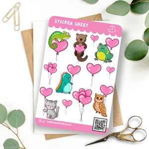 Heart Balloons - 4x6" Sticker Sheet  - Valentine's Day Stickers, Love Stickers, Galentines Day, Journaling Stickers, Cute Valentine Stickers