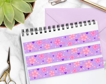 May include: Three strips of washi tape with a purple background and a repeating pattern of pink cherry blossoms, white stars, and purple hearts.