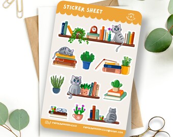 Stickervel katten, planten en boeken: Cottagecore-dagboekstickers