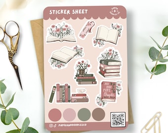 Books 'n Blooms - 4x6" Matte Vinyl Sticker Sheet  - Bujo Stickers | Vinyl Stickers | Vintage Aesthetic | Journaling Stickers | Cottagecore