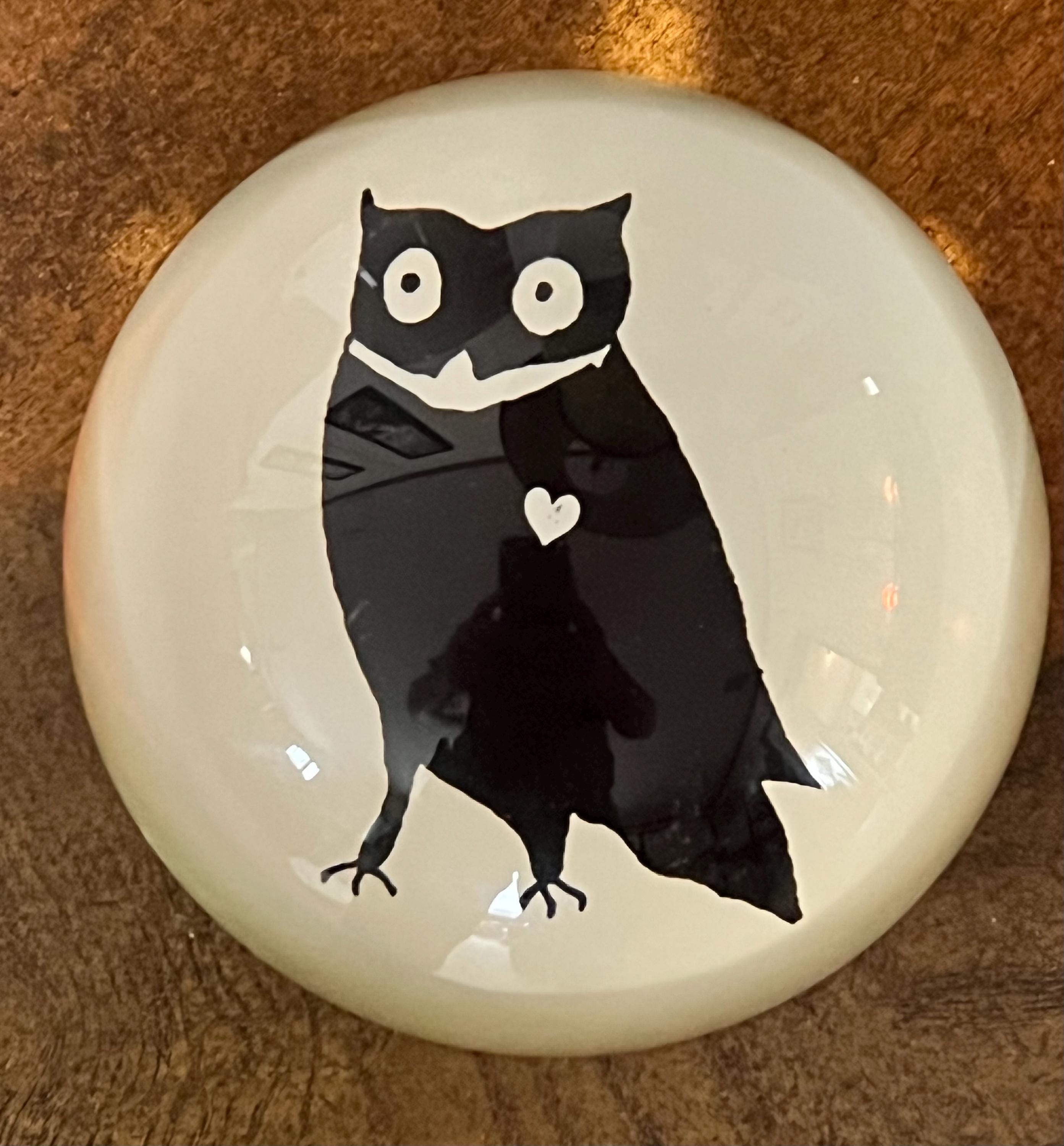 Vintage Sugarboo Designs Owl Glass Dome Paperweight Whimsical Folk Art Black & White Owl Home Of