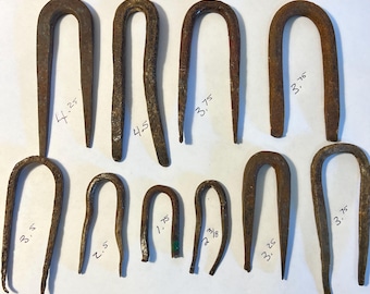 Antique Hand Forged Iron Staples Bulk Lot - 11 Piece Curated Set Vintage Primitive Heavy Duty Barn Timber Fasteners & Fencing Salvage