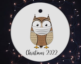 Face Mask Owl Ornament, Owl Gift, Owl 2022 Christmas Tree Decor, Pandemic 2020 Themed Gifts HS329