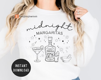 May include: White sweatshirt with a black and white graphic design. The design features a margarita glass, a tequila bottle, a shot glass, and a mortar and pestle. The words "midnight margaritas" are written above the graphic.