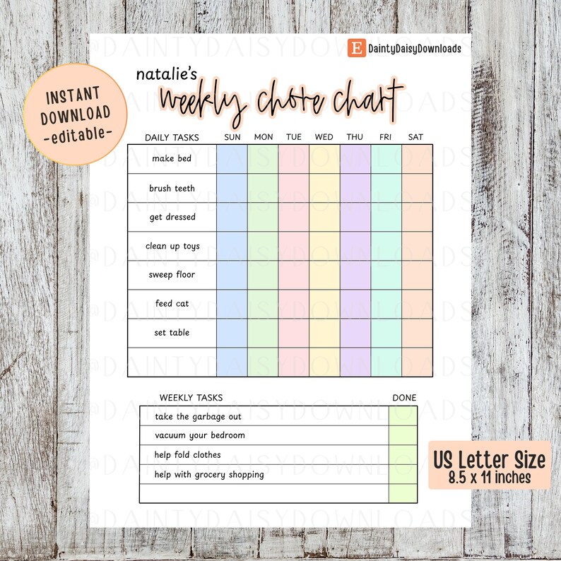 Kids Chore Chart | Editable Weekly Planner, Canva Template (digital ...