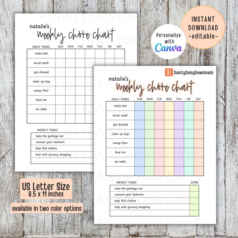 Kids Chore Chart | Editable Weekly Planner, Canva Template (digital ...