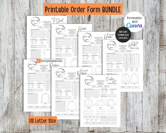 Editable Printable Apparel Order Form Bundle  Small Business Shirt Invoices | Instant Digital Download | US Letter Size PDF Canva Template