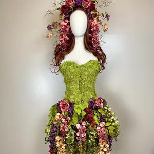 Fairy costume dress mossy cottagecore fantasy ball gown floral fae corset