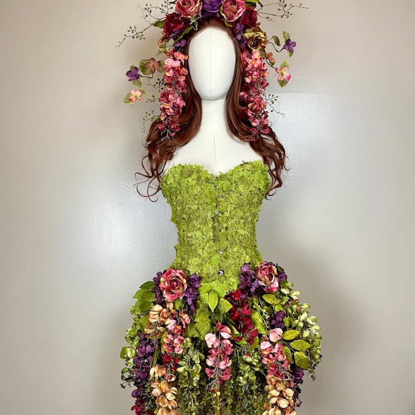 Fairy costume dress mossy cottagecore fantasy ball gown floral fae corset