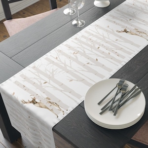 White Birch Forest Table Runner| Deer table runner| Winter birch| Woodland| Winter season| holiday season