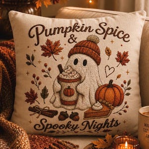Pumpkin Spice & Spooky Nights Pillowcase| Beige Halloween Throw Pillow cover |Cozy Fall Home Decor|Thanksgiving ghost pillowcase| Fall decor