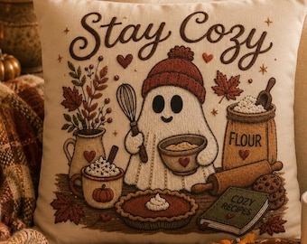 Stay Cosy Ghost Pillowcase | Beige Halloween Throw Pillowcase | Cute Spooky Fall Home Decor| Spooky season decor| Baking ghost pillowcase