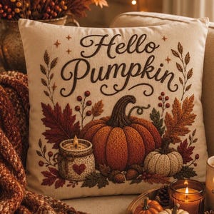 May include: A beige decorative pillow with the words "Hello Pumpkin" embroidered in brown. The pillow features a pumpkin, leaves, and a candle design. A mug with the text "Cozy Days, Warm Drinks, Grateful Hearts" is also visible.