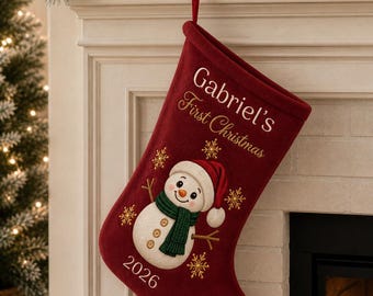 Personalised snowman baby First Christmas 2026 Stocking | Dark Red Baby Name Christmas Stocking| Burgundy baby stocking| Baby Christmas gift