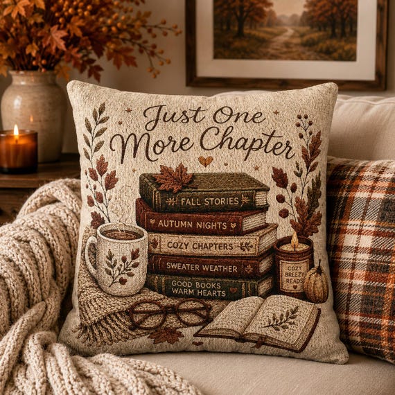 Just One More Chapter Woven Pillow | Book Lover Throw Pillow| Cozy Reading Decor| Literary Cushion| Library Home Decor| Fall Accent Pillow