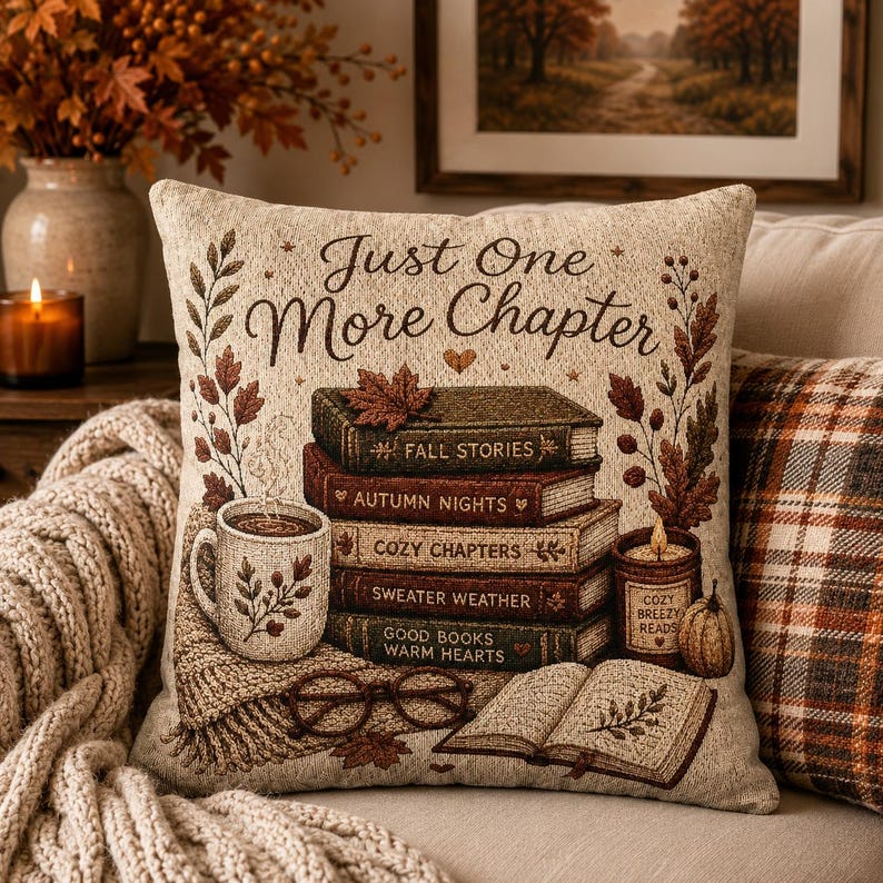 May include: A square throw pillow with a beige background featuring the text Just One More Chapter. The design includes a stack of five books titled Fall Stories, Autumn Nights, Cozy Chapters, Sweater Weather, and Good Books Warm Hearts, a mug, glasses, and an open book.