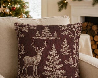 Deer and Pine Trees Woven Pillow |Rustic Cabin Holiday Décor| Burgundy Christamas pillow|Animal pillow| Deer & pine Christmas woven pillow