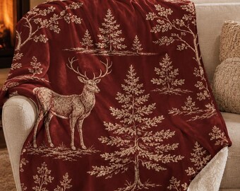 Vintage Deer and Pine Trees Sherpa fleece Blanket | Rustic Woodland Throw blanket| Burgundy Christmas Sherpa fleece blanket| Christmas decor