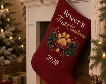 Personalised Pet First Christmas Stocking| Pet lover gift| Dog name Stocking | Cat name stocking|Burgundy Animal lover gift|Red pet stocking