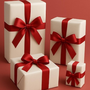 May include: Four cream-colored gift boxes of varying sizes, each wrapped with a vibrant red satin ribbon and bow. The gifts are arranged on a solid red background, creating a festive and elegant presentation.