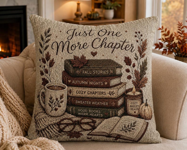 May include: A square woven throw pillow featuring the text Just One More Chapter. The design includes a stack of five books titled Fall Stories, Autumn Nights, Cozy Chapters, Sweater Weather, and Good Books Warm Hearts, a mug, glasses, and a candle.