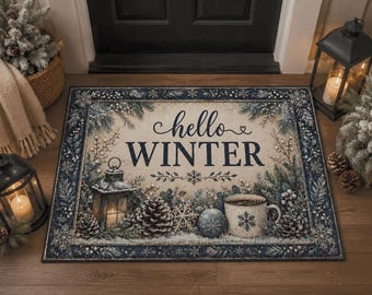 Winter Heavy duty Doormat| Hello Winter Entryway Welcome Mat| Snowflake Front Door Decor| Seasonal Entry mat| Cozy Winter Home Decor