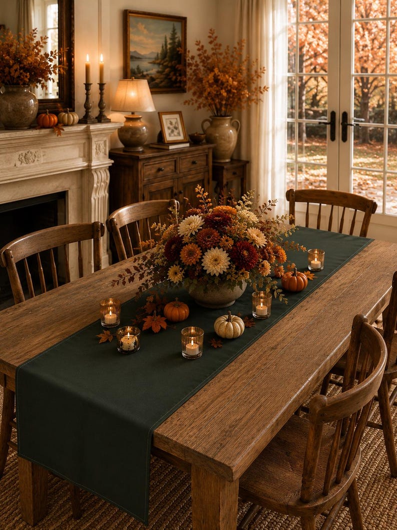 Puede incluir: Un camino de mesa rectangular de tela en color verde oscuro, colocado en el centro de una mesa de comedor de madera. El camino de mesa est&aacute; decorado con un arreglo floral central de crisantemos oto&ntilde;ales, peque&ntilde;as calabazas y velas votivas.