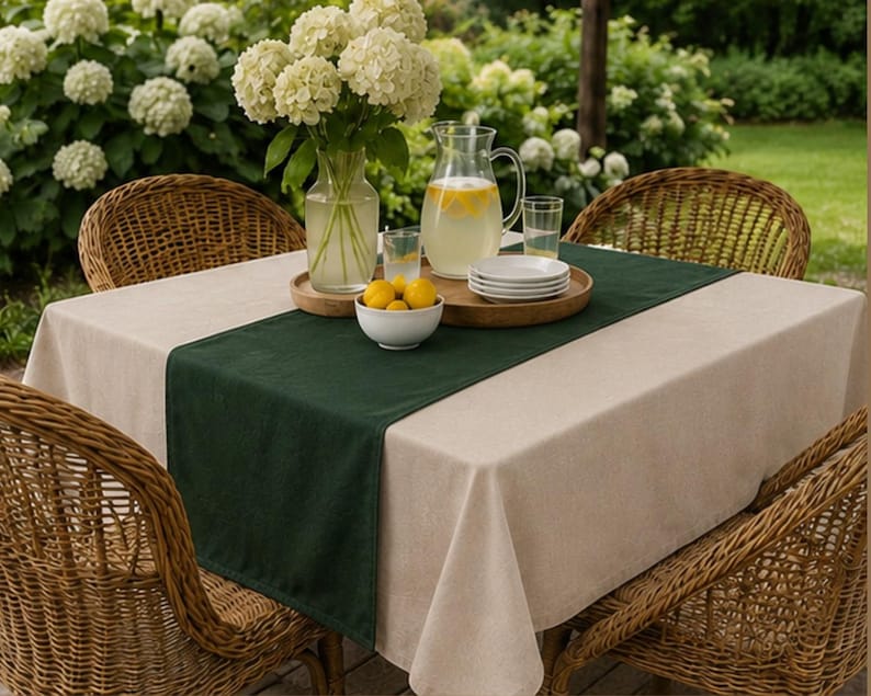 Puede incluir: Un mantel cuadrado de color beige con un camino de mesa verde oscuro, cuatro sillas de mimbre trenzado, una jarra de cristal con limonada y rodajas de lim&oacute;n, un jarr&oacute;n de cristal con hortensias blancas, un cuenco con limones y platos blancos.