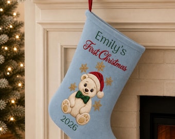 Personalised Polar bear baby First Christmas 2026 Stocking | Baby Name Christmas Stocking| Dusty Blue baby stocking| Blue Christmas stocking