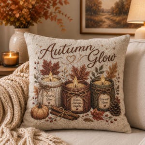 Pode incluir: Uma almofada quadrada bege com o texto Autumn Glow. O design inclui três velas acesas em frascos rotulados como Autumn Glow, Warm Autumn Nights e Harvest Home, rodeadas por folhas de ácer, uma abóbora, paus de canela e uma pinha.