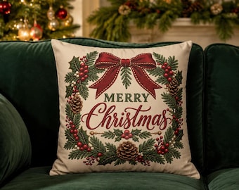 Merry Christmas Wreath pillowcase | Holiday wreath decorative pillow cover| Christmas throw pillow cover| Christmas decor| Holiday decor