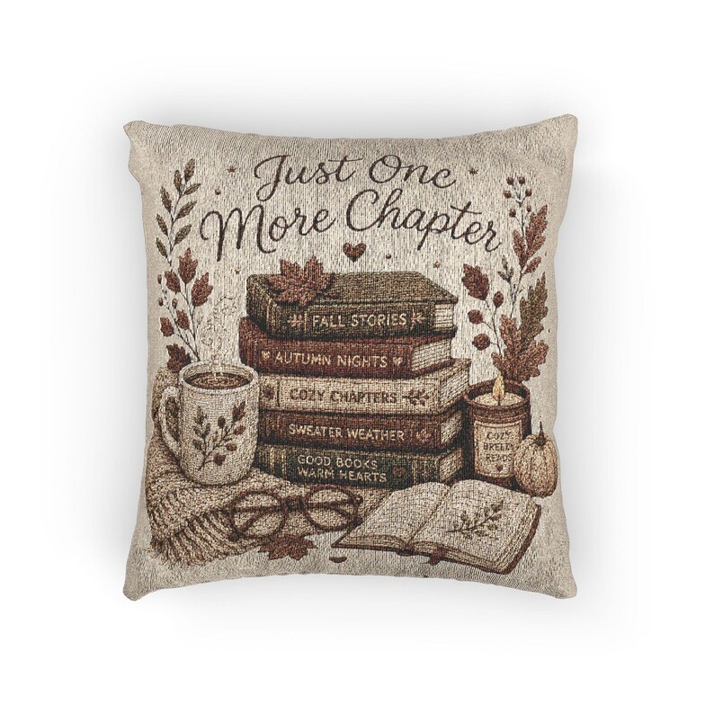 Just One More Chapter Woven Pillow | Book Lover Throw Pillow| Cozy Reading Decor| Literary Cushion| Library Home Decor| Fall Accent Pillow image 2