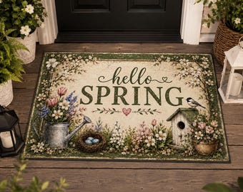 Hello Spring Heavy Duty Welcome Mat| Floral Front Door Mat| Birdhouse Door Rug|Cottagecore Entryway Decor|Farmhouse Spring Porch Decor