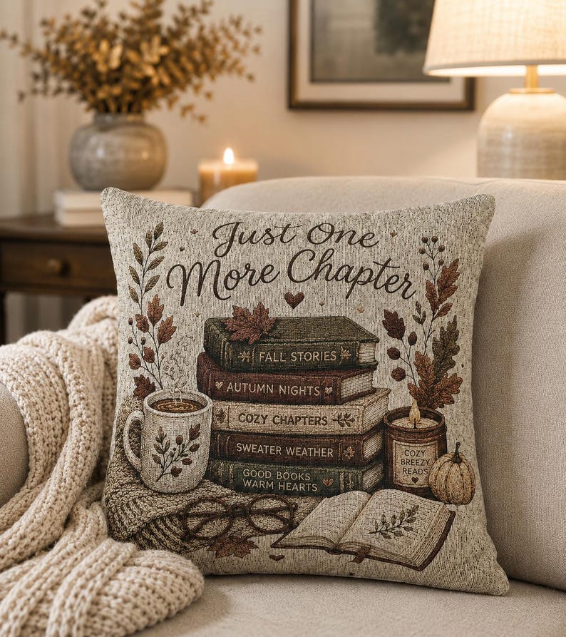 May include: A square throw pillow featuring a woven design with the text Just One More Chapter. The image displays a stack of five books titled Fall Stories, Autumn Nights, Cozy Chapters, Sweater Weather, and Good Books Warm Hearts, a mug, a candle, glasses, and an open book.