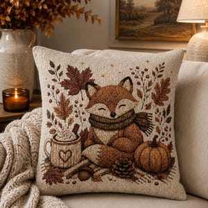 Könnte beinhalten: Ein quadratisches Zierkissen mit einem gewebten Motiv eines lächelnden Fuchses mit Schal, umgeben von Herbstblättern, einer Tasse mit Herzsymbol, einem Kürbis und einem Tannenzapfen. Die Farbpalette umfasst warme Braun-, Beige- und Cremetöne.