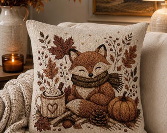 Autumn Fox Woven Pillow | Fall Fox Throw Pillow, Pumpkin Woodland Decor|Cross Stitch Style Cushion|Cozy Cottage Home Accent| Fall pillow|