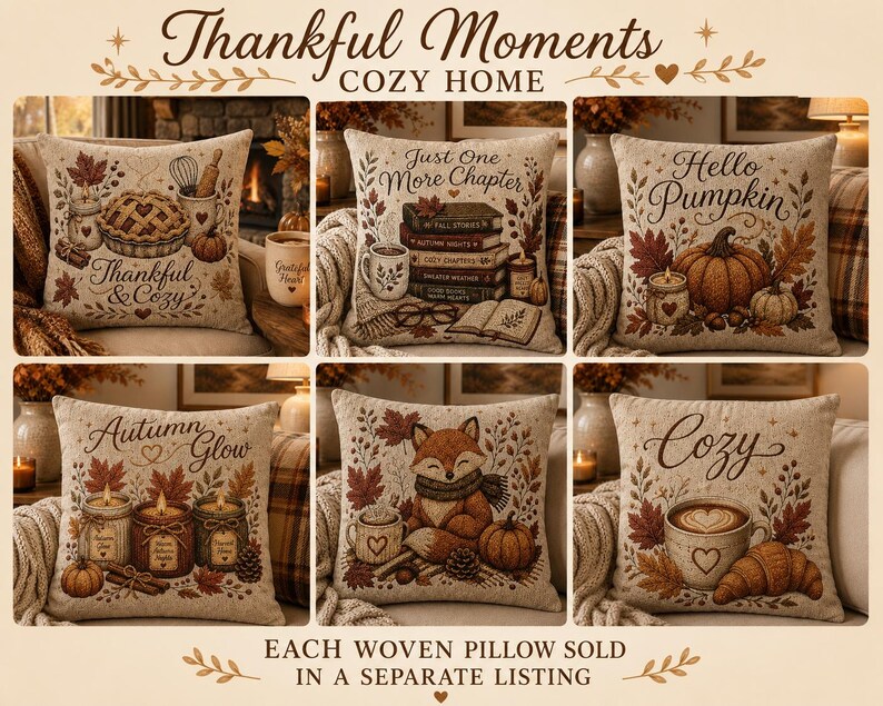 May include: A collection of six square throw pillows featuring autumn-themed illustrations and text. Designs include a pie, a stack of books with the text Just One More Chapter, a pumpkin with Hello Pumpkin, candles, a fox, and a coffee cup with Cozy.