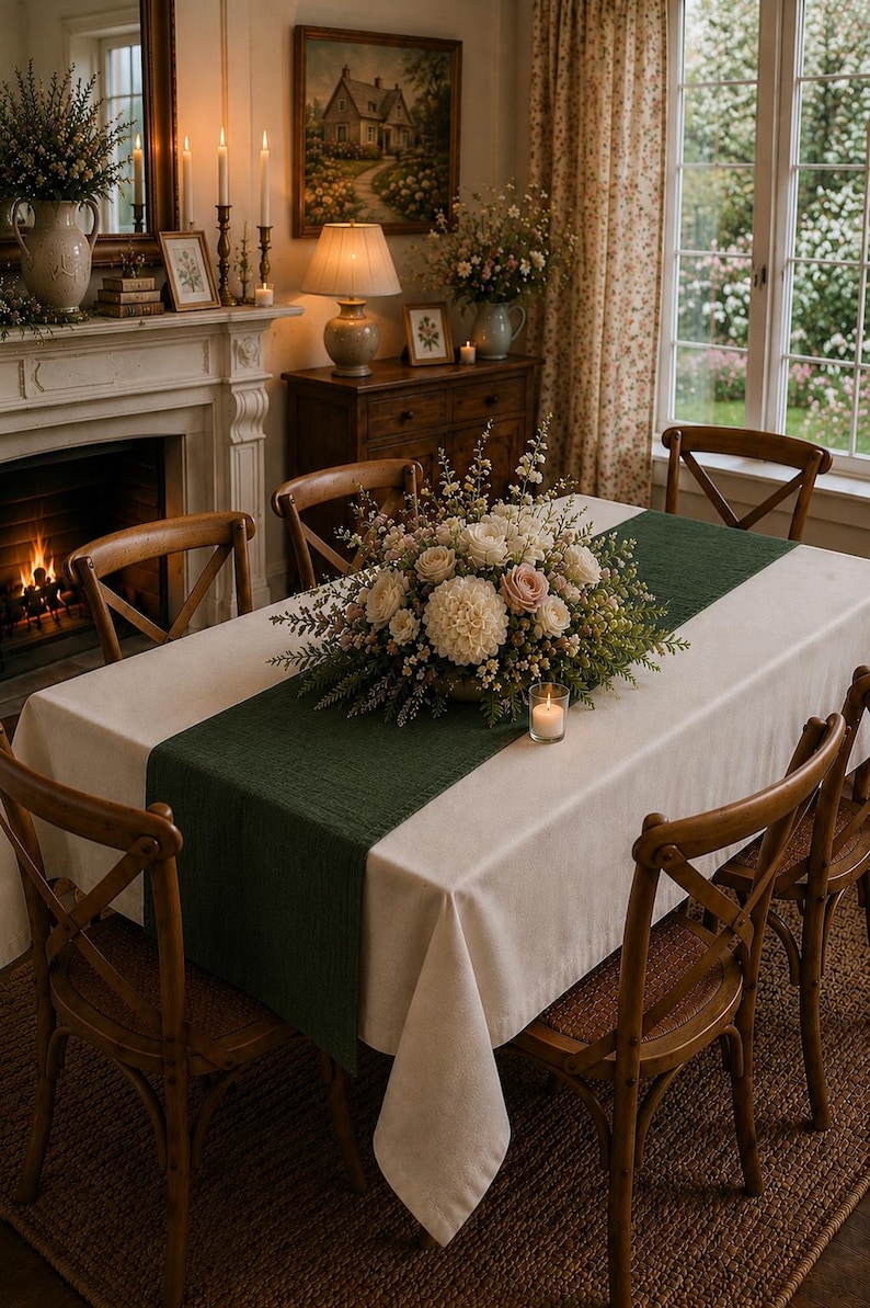 Puede incluir: Una mesa de comedor rectangular cubierta con un mantel color crema y un camino de mesa de tela verde oscuro. Un gran centro de mesa floral con flores blancas y rosas se sit&uacute;a en el centro, acompa&ntilde;ado por un peque&ntilde;o portavelas de cristal.