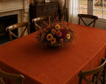 Mantel de sarga de algodón color naranja quemado / Mantelería de otoño / Cubremesas para cena de Acción de Gracias / Decoración rústica de otoño / Mantel de Halloween